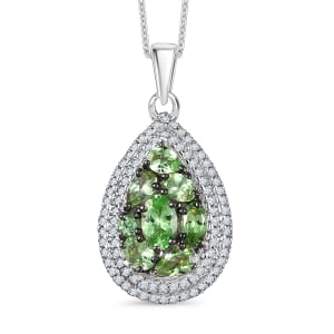 D'Joy Premium Tsavorite Garnet and White Zircon 2.50 ctw Crown Cluster Pendant Necklace in Rhodium Over Sterling Silver 20 Inches