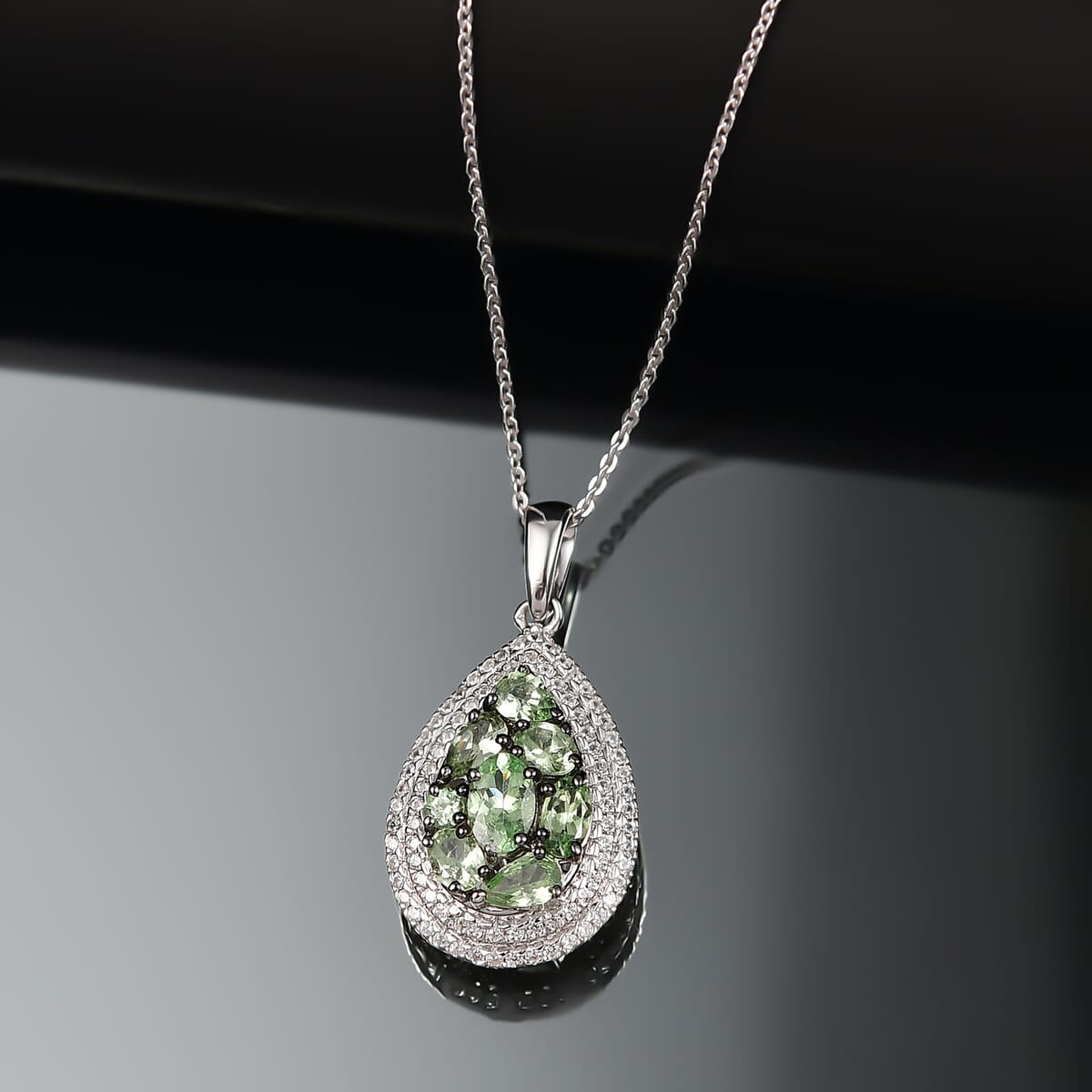 D'Joy Premium Tsavorite Garnet and White Zircon 2.50 ctw Crown Cluster Pendant Necklace in Rhodium Over Sterling Silver 20 Inches image number 1
