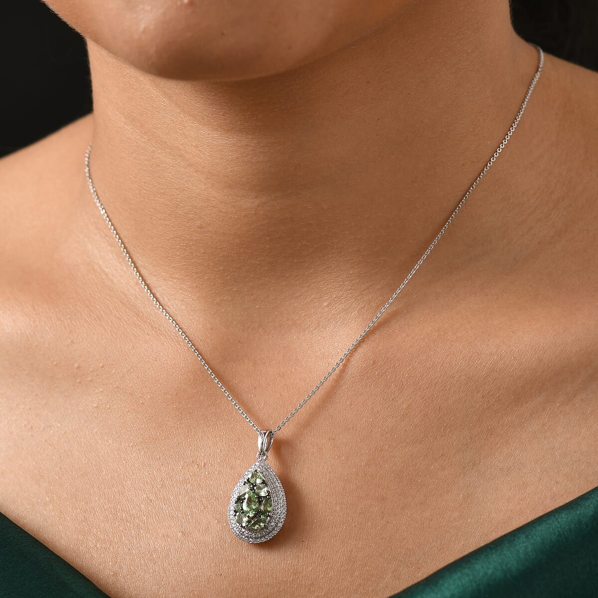 D'Joy Premium Tsavorite Garnet and White Zircon 2.50 ctw Crown Cluster Pendant Necklace in Rhodium Over Sterling Silver 20 Inches image number 2