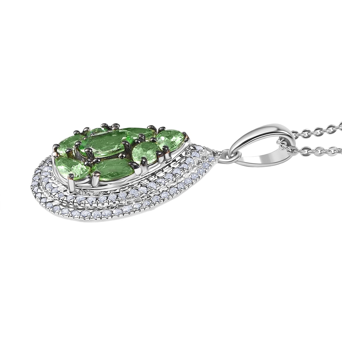 D'Joy Premium Tsavorite Garnet and White Zircon 2.50 ctw Crown Cluster Pendant Necklace in Rhodium Over Sterling Silver 20 Inches image number 3