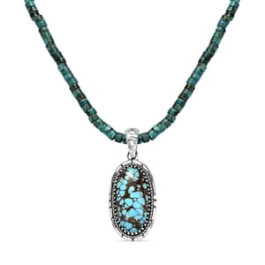 D'Joy Artisan Crafted Premium Blue Moon Turquoise Pendant with Royston Turquoise 76.70 ctw Beaded Necklace in Black Oxidized Sterling Silver 20 Inches