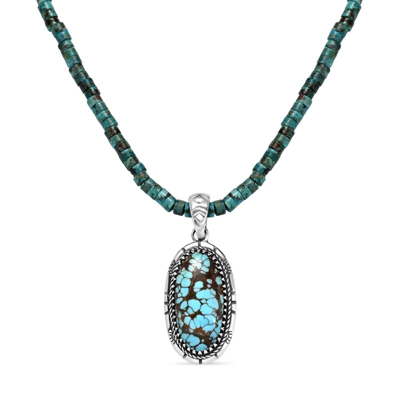 D'Joy Artisan Crafted Premium Blue Moon Turquoise Pendant with Royston Turquoise 76.70 ctw Beaded Necklace in Black Oxidized Sterling Silver 20 Inches