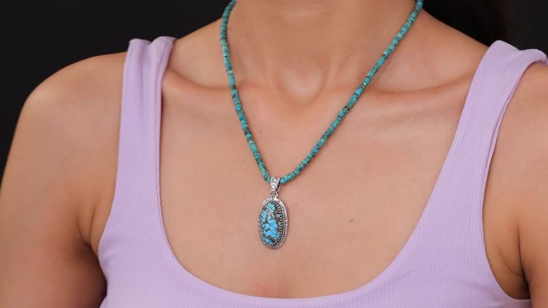 D'Joy Artisan Crafted Premium Blue Moon Turquoise Pendant with Royston Turquoise 76.70 ctw Beaded Necklace in Black Oxidized Sterling Silver 20 Inches