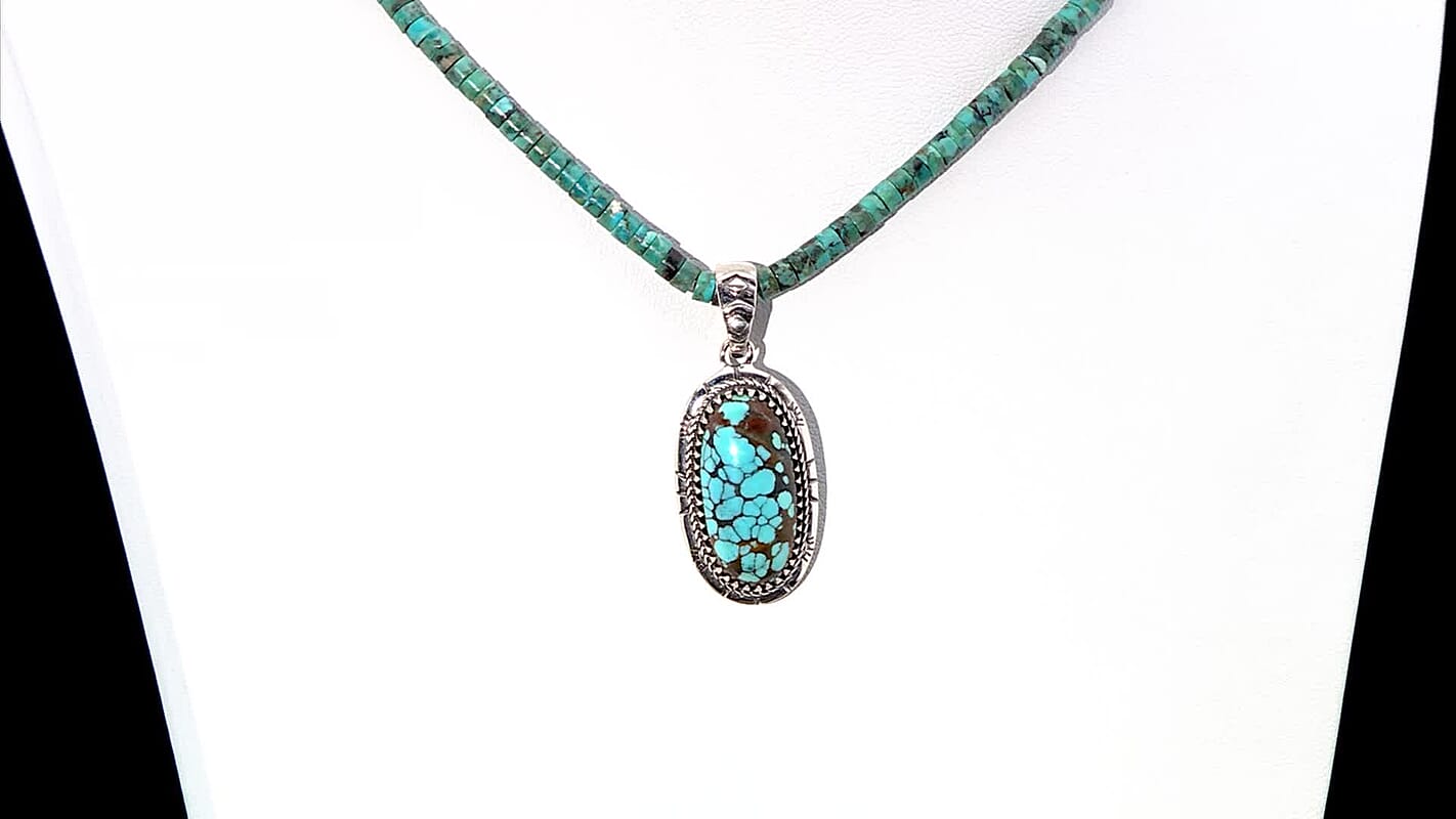 D'Joy Artisan Crafted Premium Blue Moon Turquoise Pendant with Royston Turquoise 76.70 ctw Beaded Necklace in Black Oxidized Sterling Silver 20 Inches