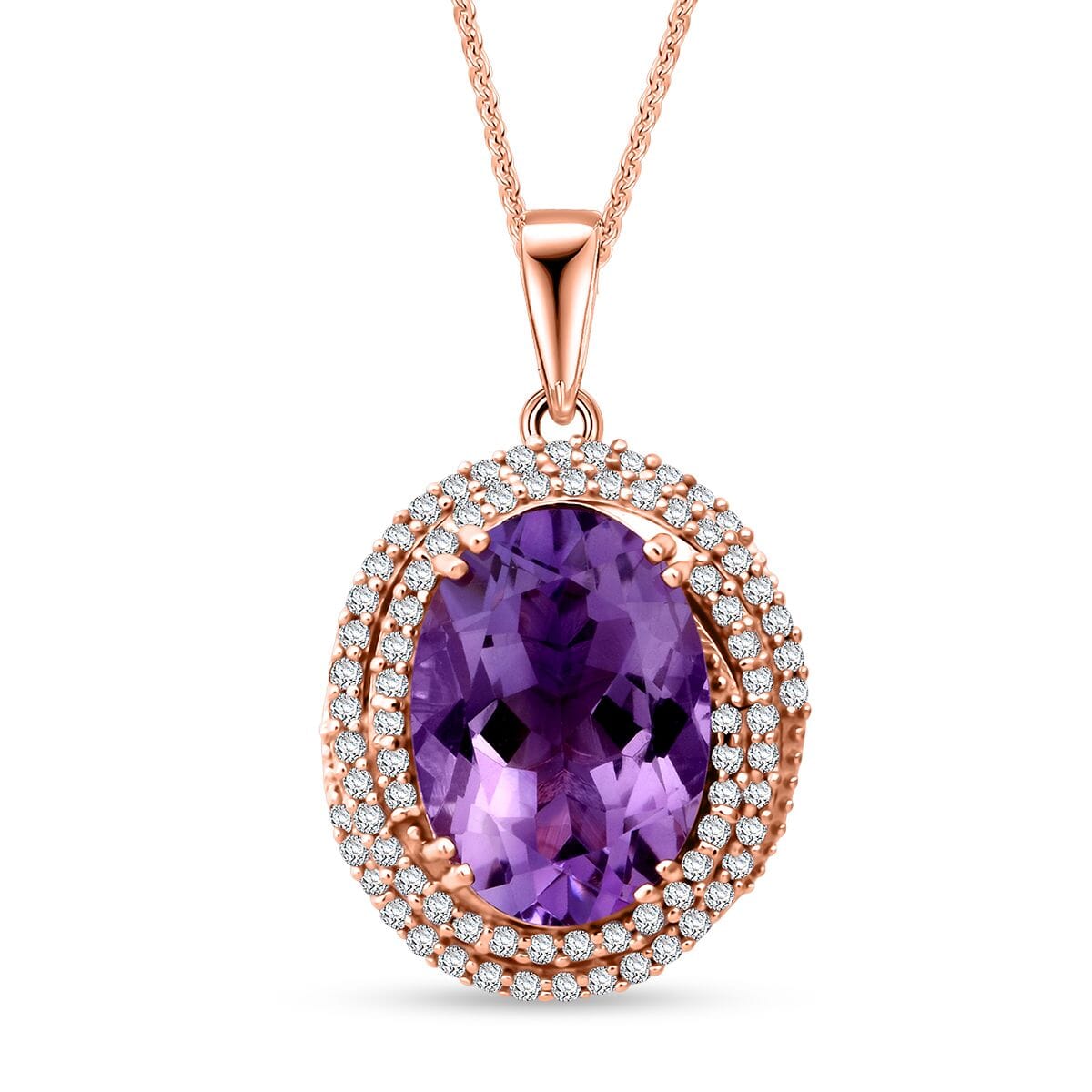 AAA Rose De France Amethyst and White Zircon 6.25 ctw Pendant with Necklace 20 Inches in Vermeil Rose Gold Over Sterling Silver image number 0