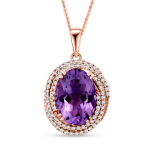 AAA Rose De France Amethyst and White Zircon 6.25 ctw Pendant with Necklace 20 Inches in Vermeil Rose Gold Over Sterling Silver