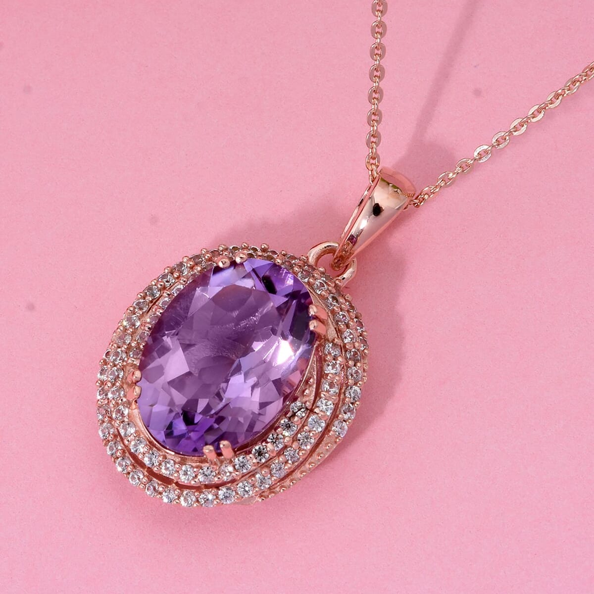 AAA Rose De France Amethyst and White Zircon 6.25 ctw Pendant with Necklace 20 Inches in Vermeil Rose Gold Over Sterling Silver image number 1