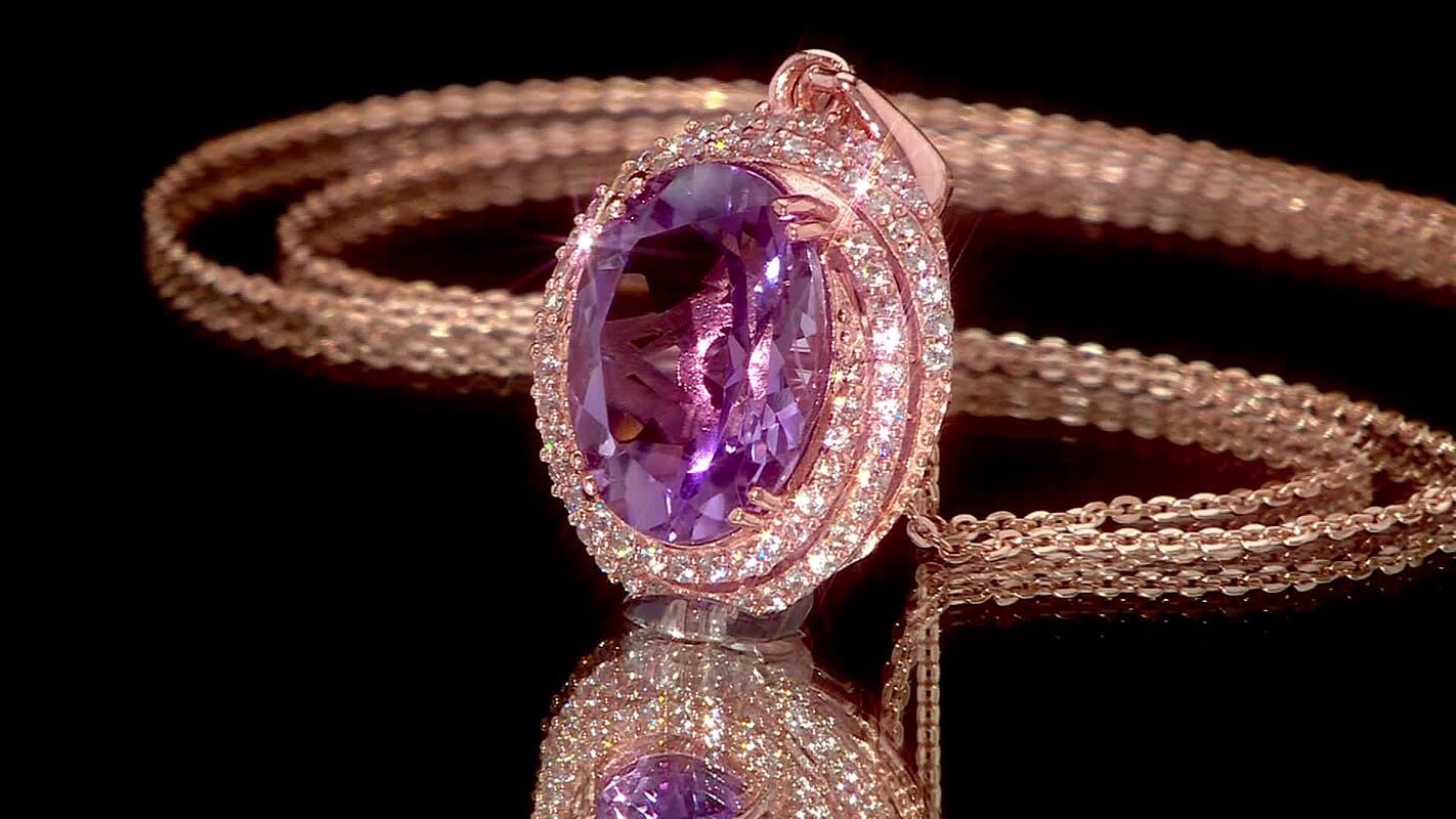 AAA Rose De France Amethyst and White Zircon 6.25 ctw Eternity Swirl Pendant with Necklace 20 Inches in Vermeil Rose Gold Over Sterling Silver
