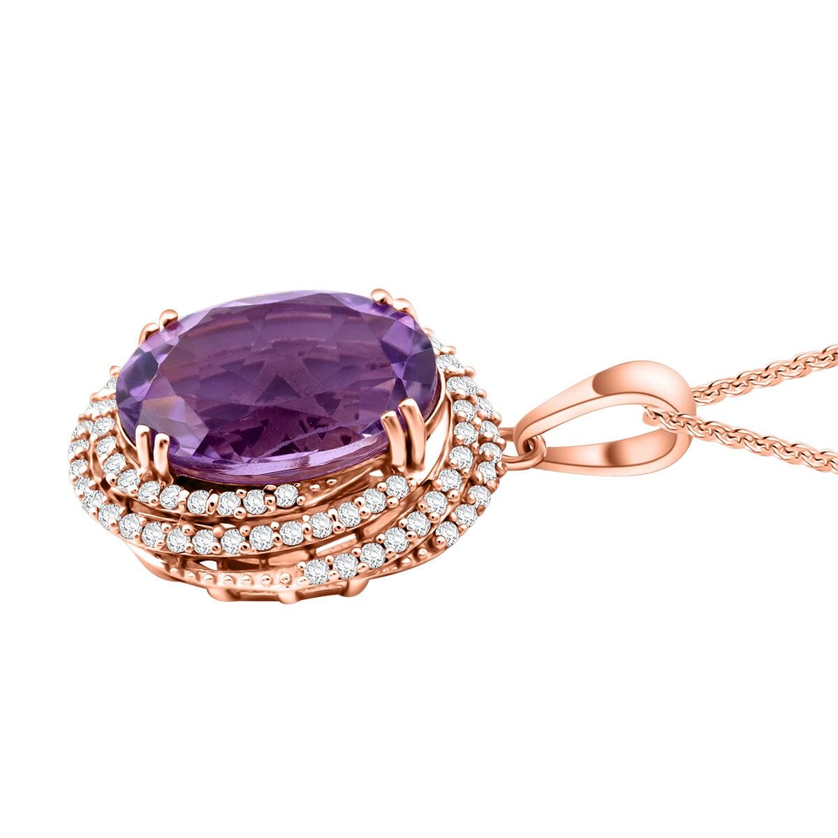 AAA Rose De France Amethyst and White Zircon 6.25 ctw Pendant with Necklace 20 Inches in Vermeil Rose Gold Over Sterling Silver image number 3