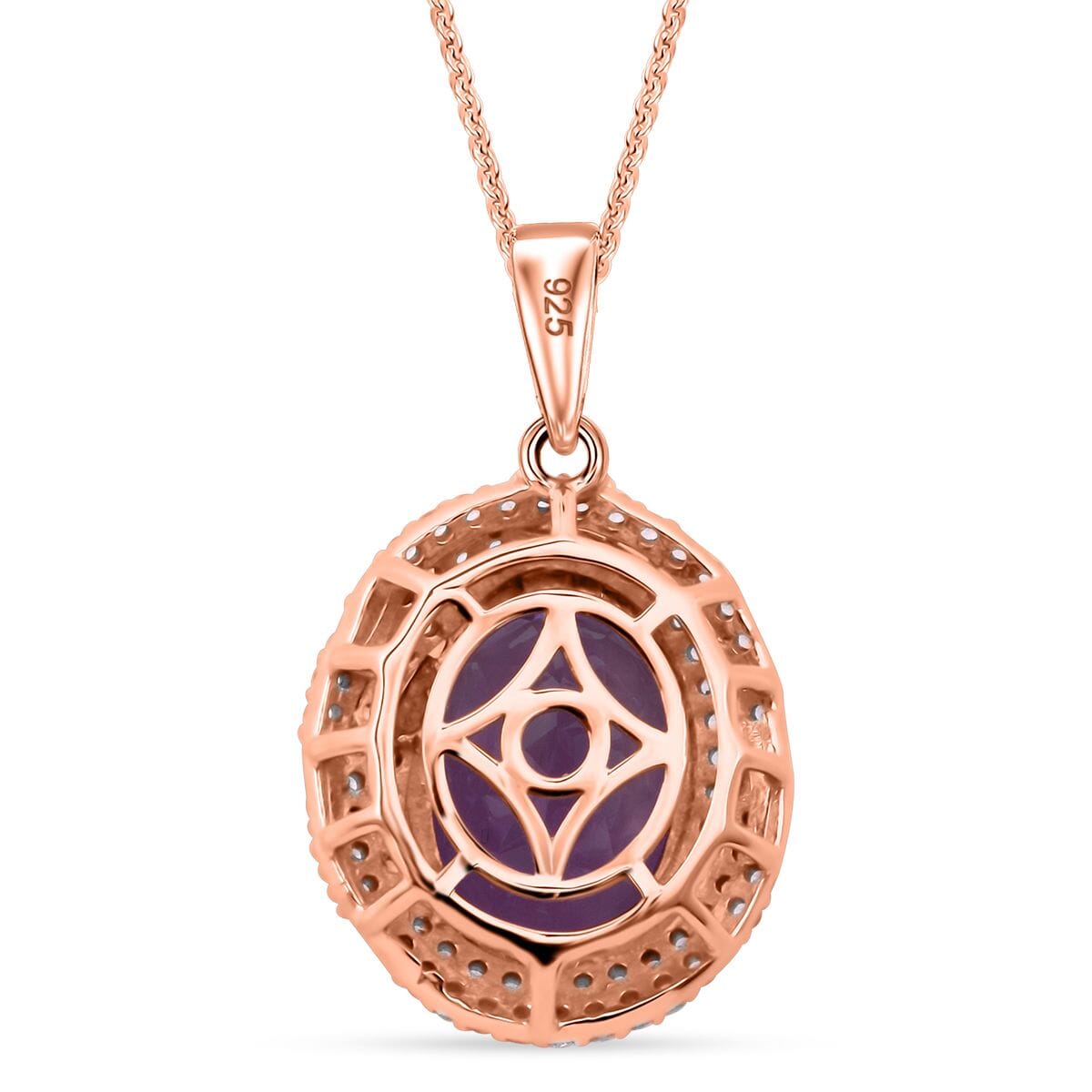 AAA Rose De France Amethyst and White Zircon 6.25 ctw Pendant with Necklace 20 Inches in Vermeil Rose Gold Over Sterling Silver image number 4