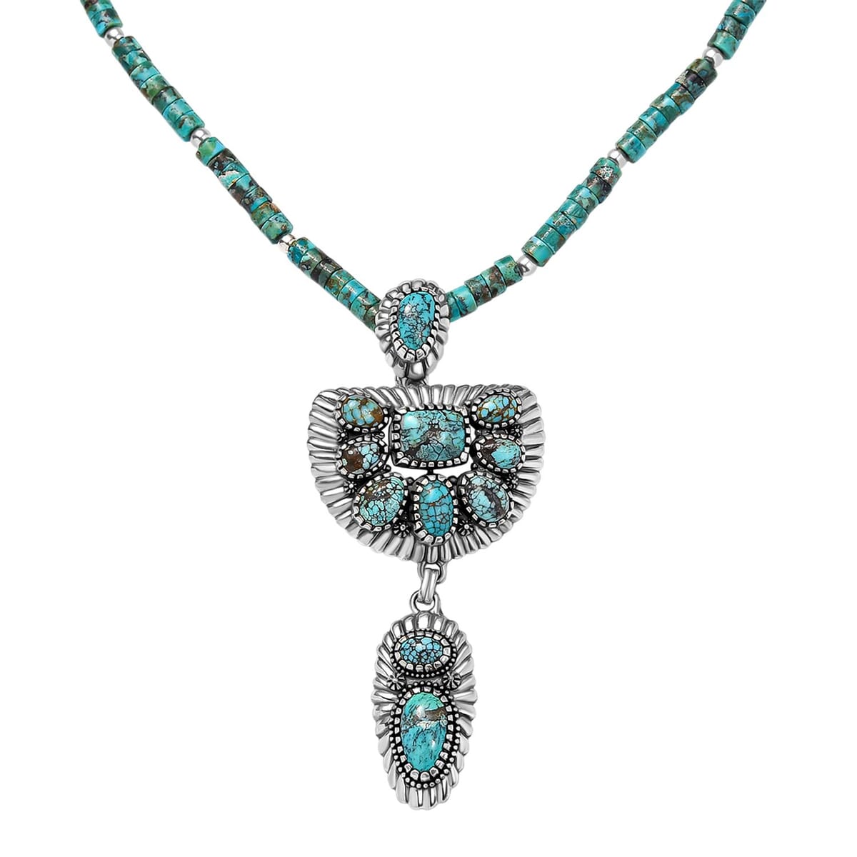 D'Joy Artisan Crafted Premium Blue Moon Turquoise Pendant with Royston Turquoise 60.35 ctw Beaded Necklace in Black Oxidized Sterling Silver 20 Inches image number 0