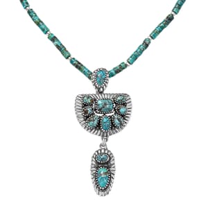 D'Joy Artisan Crafted Premium Blue Moon Turquoise Pendant with Royston Turquoise 60.35 ctw Beaded Necklace in Black Oxidized Sterling Silver 20 Inches