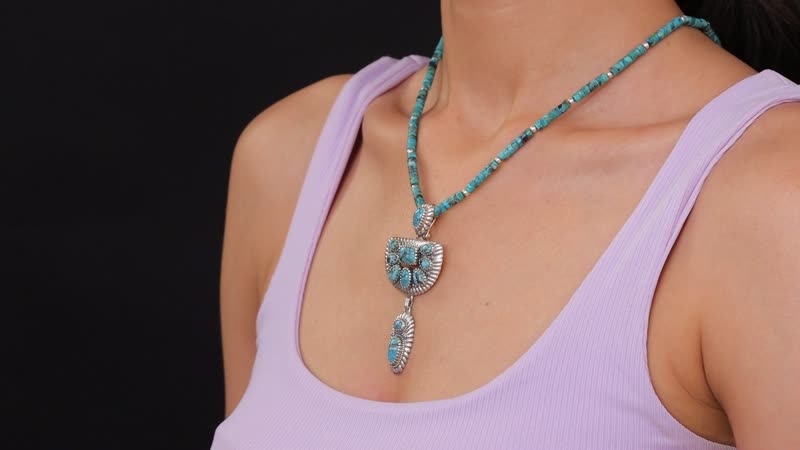 D'Joy Artisan Crafted Premium Blue Moon Turquoise Pendant with Royston Turquoise 60.35 ctw Beaded Necklace in Black Oxidized Sterling Silver 20 Inches