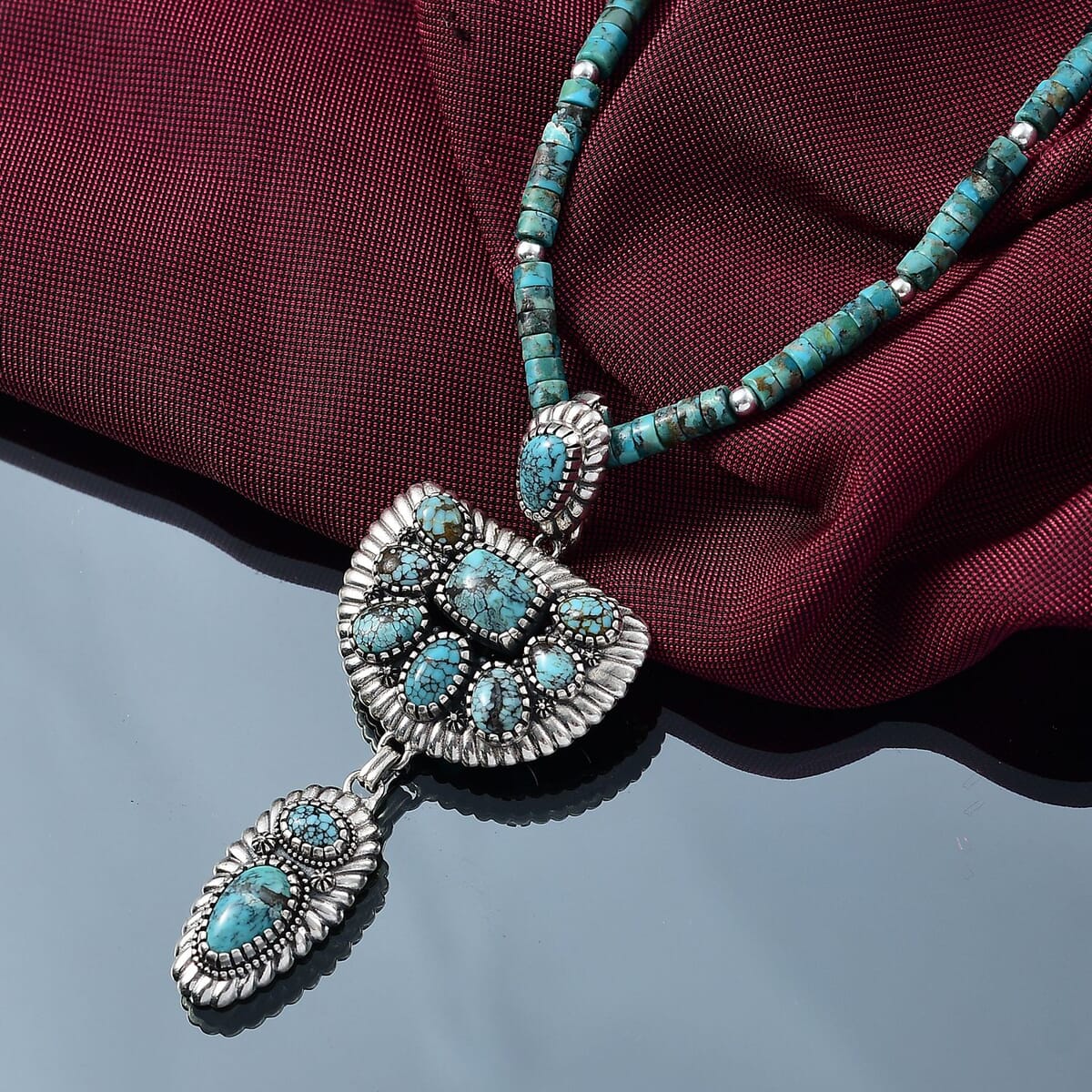 D'Joy Artisan Crafted Premium Blue Moon Turquoise Pendant with Royston Turquoise 60.35 ctw Beaded Necklace in Black Oxidized Sterling Silver 20 Inches image number 1