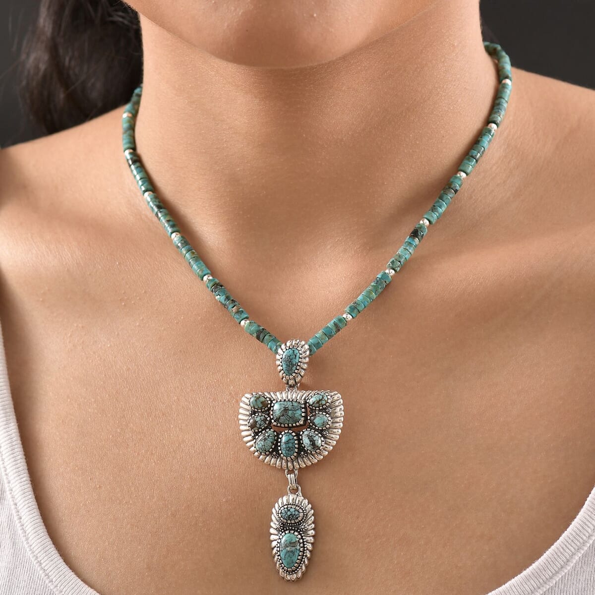D'Joy Artisan Crafted Premium Blue Moon Turquoise Pendant with Royston Turquoise 60.35 ctw Beaded Necklace in Black Oxidized Sterling Silver 20 Inches image number 2