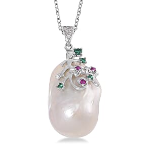 Organic Shape Baroque Freshwater Pearl and Simulated Multi Color Diamond Pendant Necklace in Stainless Steel 20 Inches
