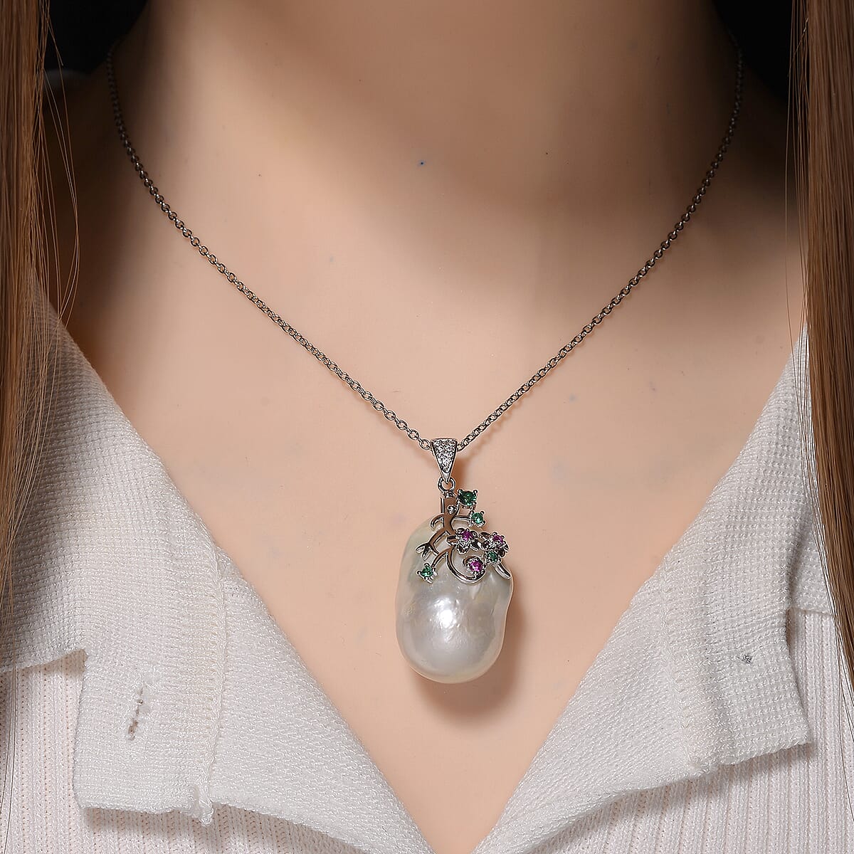 Organic Shape Baroque Freshwater Pearl and Simulated Multi Color Diamond Pendant Necklace in Stainless Steel 20 Inches image number 1