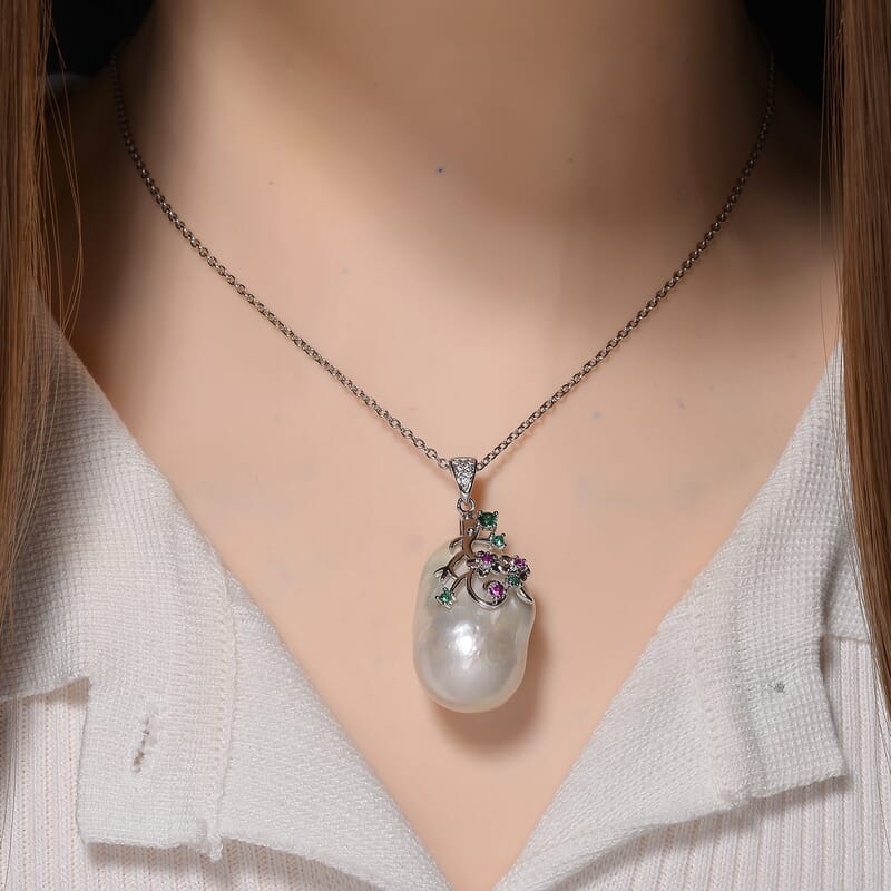 Organic Shape Baroque Freshwater Pearl, Simulated Multi Color Diamond Pendant Necklace (20 Inches) in Stainless Steel 1.00 ctw