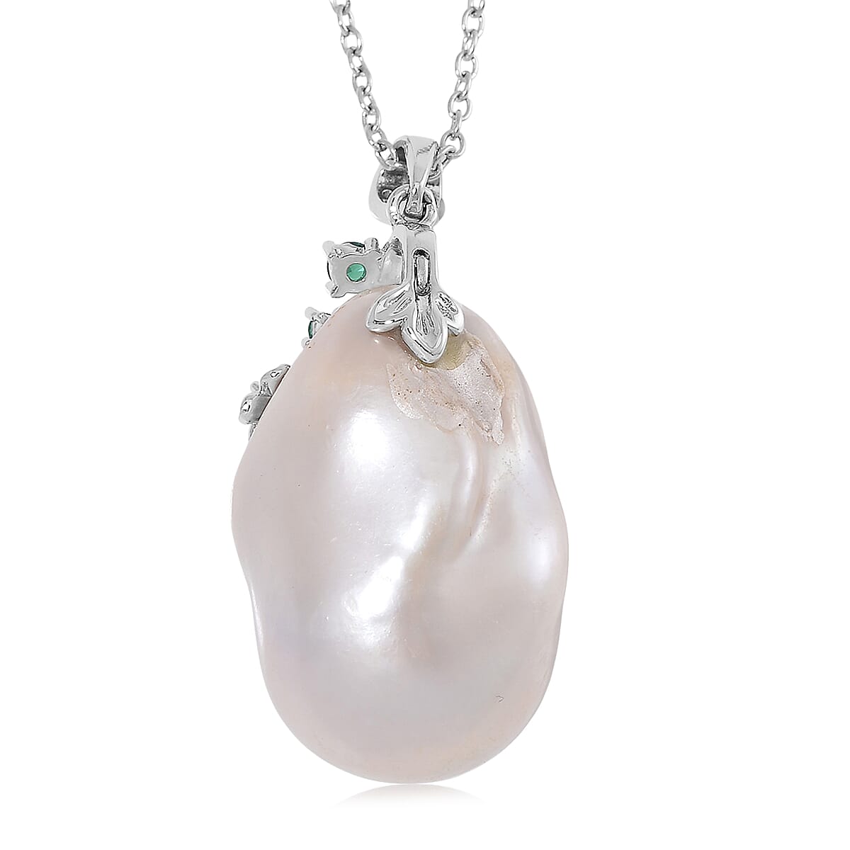 Organic Shape Baroque Freshwater Pearl and Simulated Multi Color Diamond Pendant Necklace in Stainless Steel 20 Inches image number 3