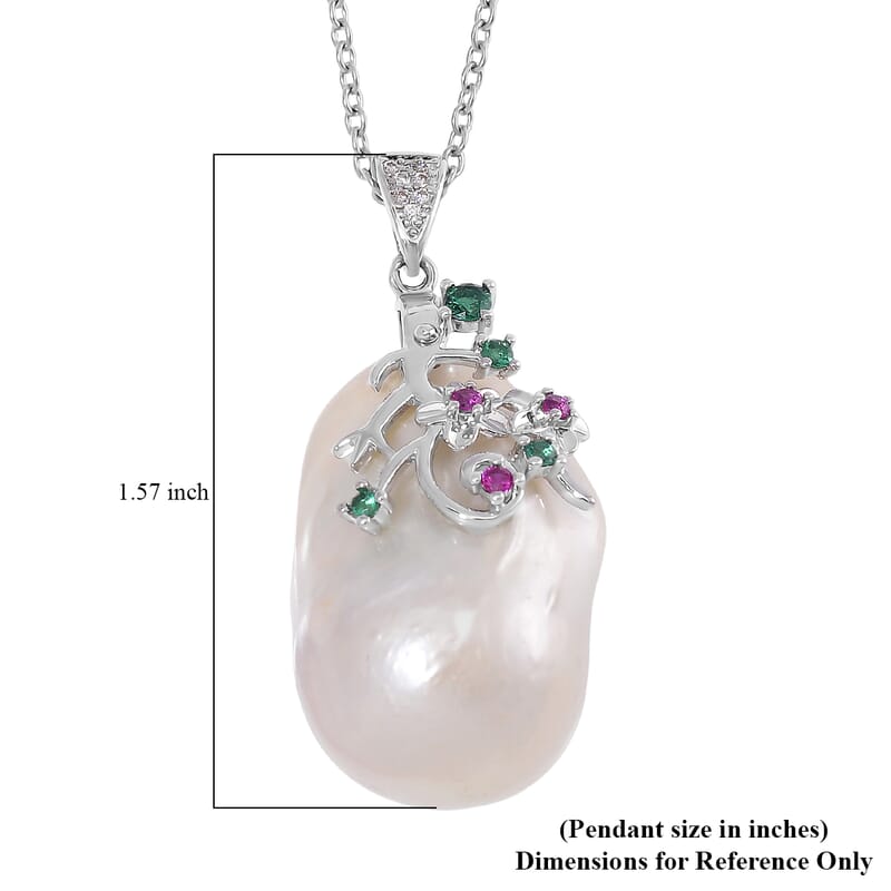 Organic Shape Baroque Freshwater Pearl, Simulated Multi Color Diamond Pendant Necklace (20 Inches) in Stainless Steel 1.00 ctw