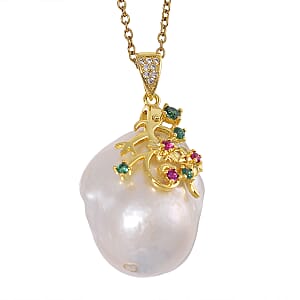 Organic Shape Baroque Freshwater Pearl and Simulated Multi Color Diamond Pendant Necklace in ION Plated YG Stainless Steel 20 Inches