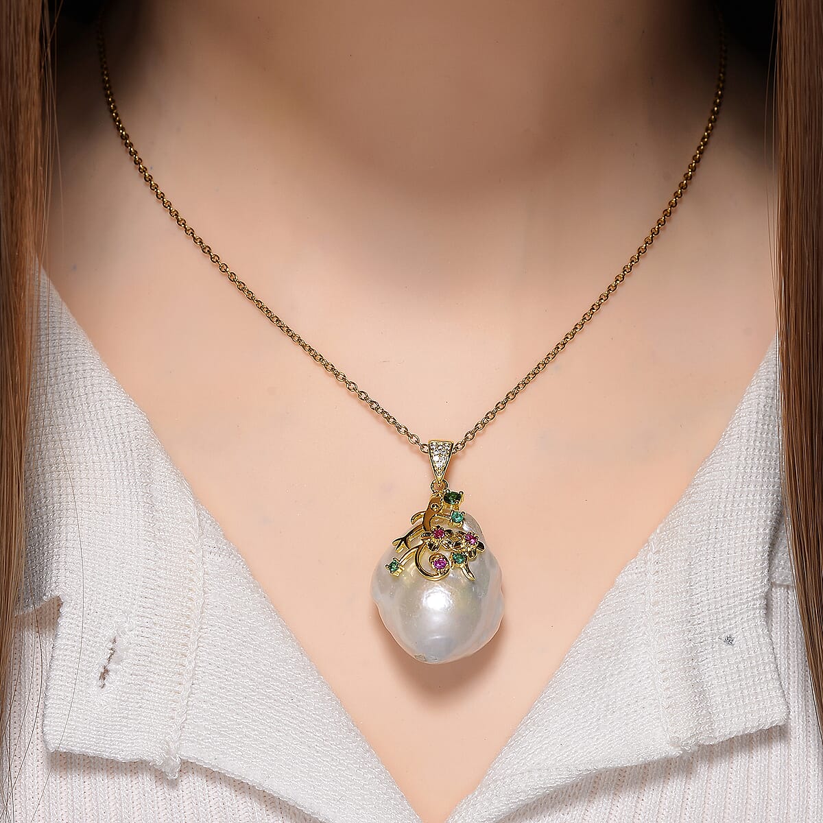 Organic Shape Baroque Freshwater Pearl and Simulated Multi Color Diamond Pendant Necklace in ION Plated YG Stainless Steel 20 Inches image number 1