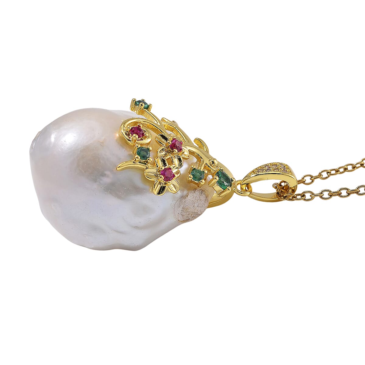 Organic Shape Baroque Freshwater Pearl and Simulated Multi Color Diamond Pendant Necklace in ION Plated YG Stainless Steel 20 Inches image number 2