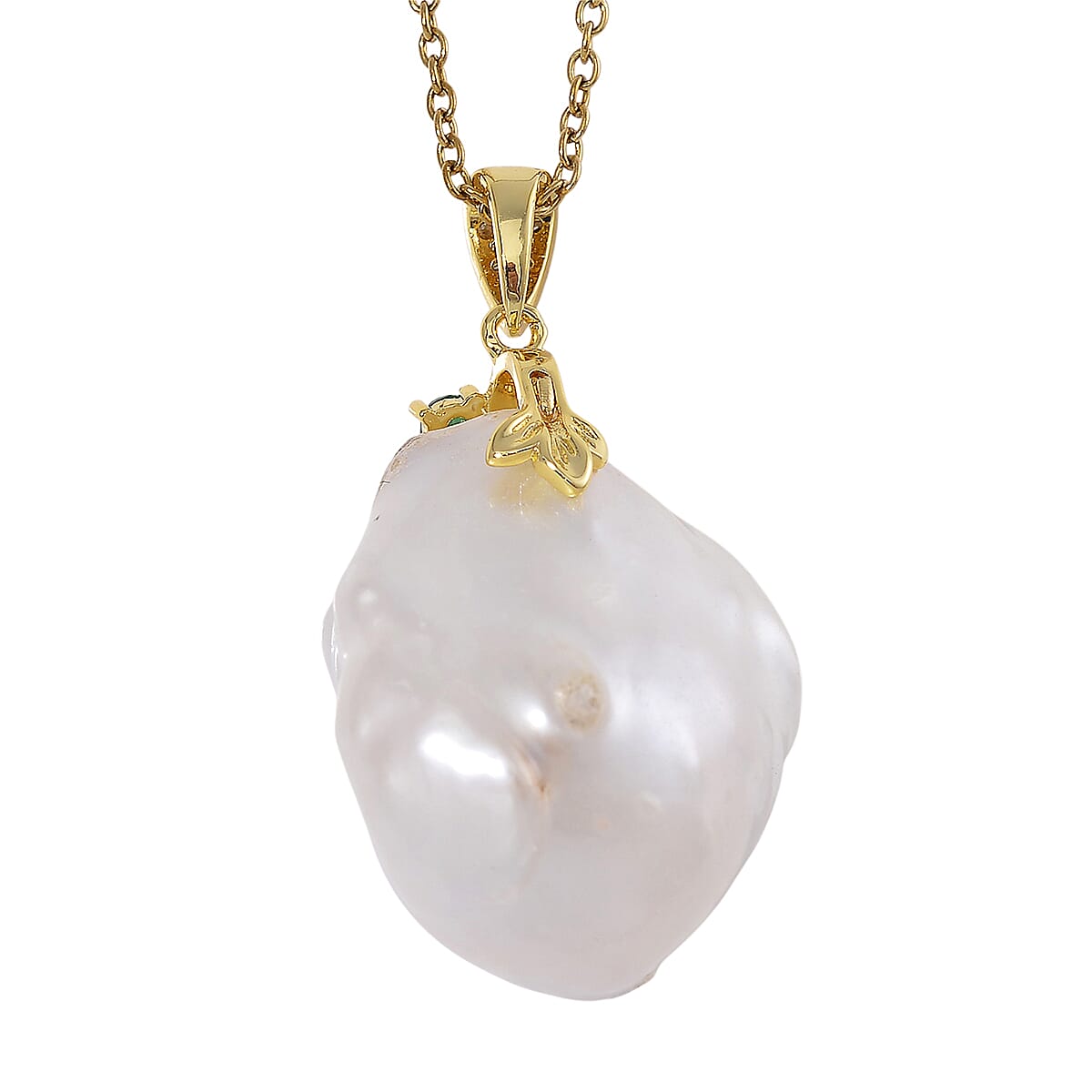 Organic Shape Baroque Freshwater Pearl and Simulated Multi Color Diamond Pendant Necklace in ION Plated YG Stainless Steel 20 Inches image number 3