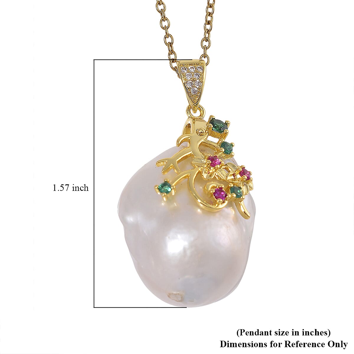 Organic Shape Baroque Freshwater Pearl and Simulated Multi Color Diamond Pendant Necklace in ION Plated YG Stainless Steel 20 Inches image number 5