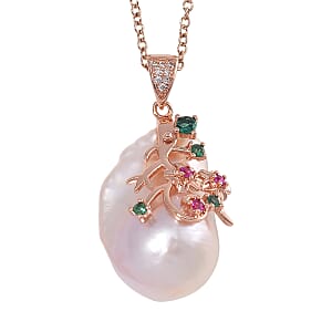 Organic Shape Baroque Freshwater Pearl and Simulated Multi Color Diamond Pendant Necklace in ION Plated RG Stainless Steel 20 Inches