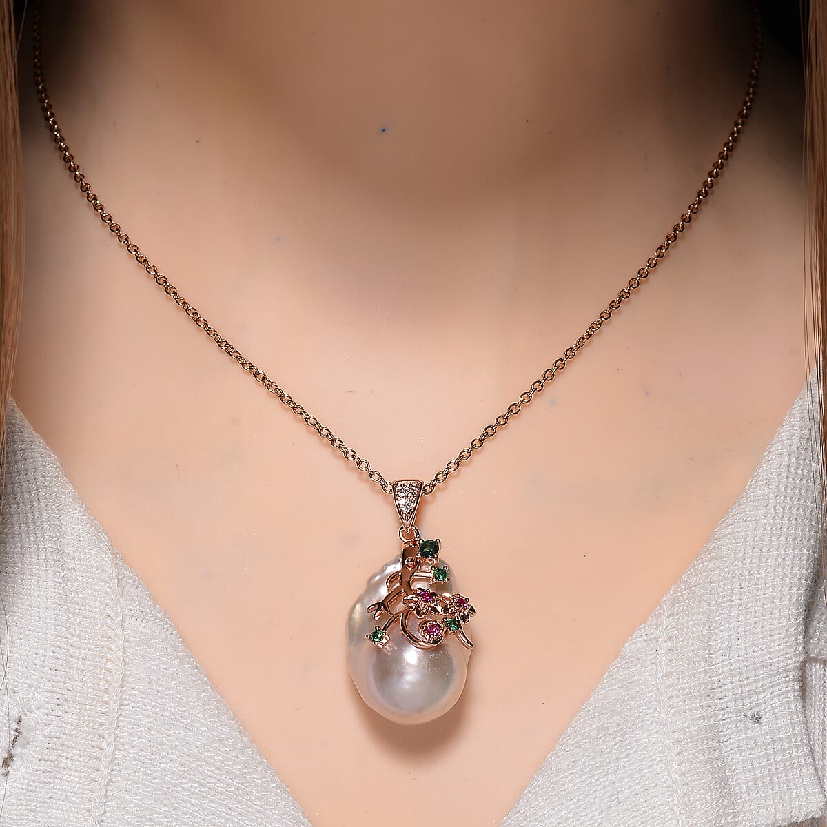 Organic Shape Baroque Freshwater Pearl and Simulated Multi Color Diamond Pendant Necklace in ION Plated RG Stainless Steel 20 Inches image number 1