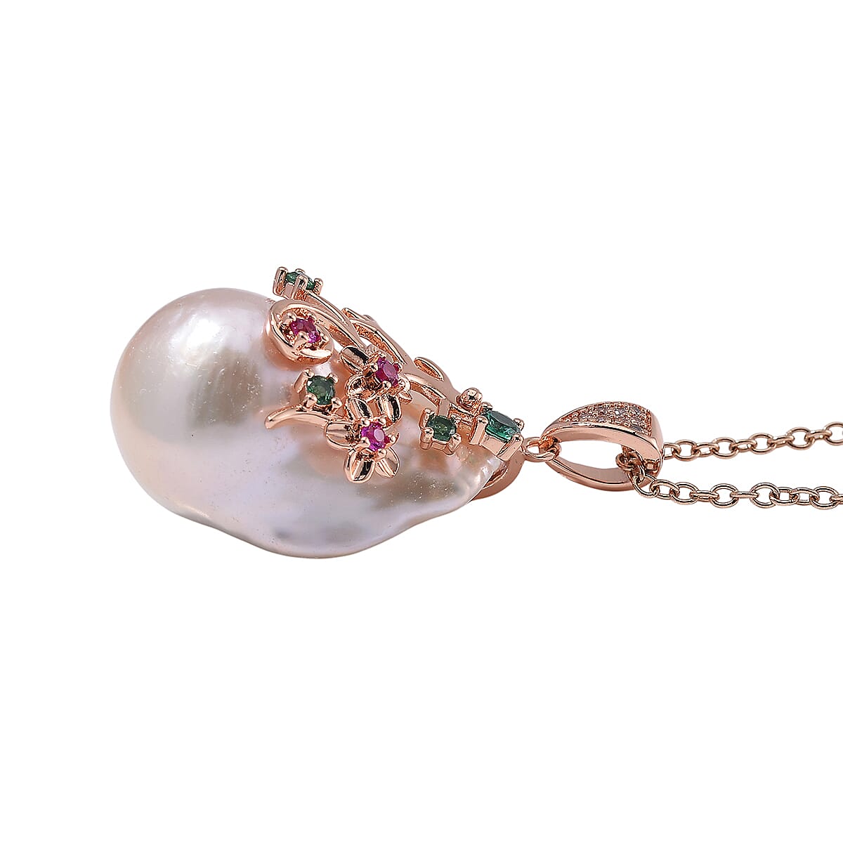 Organic Shape Baroque Freshwater Pearl and Simulated Multi Color Diamond Pendant Necklace in ION Plated RG Stainless Steel 20 Inches image number 2