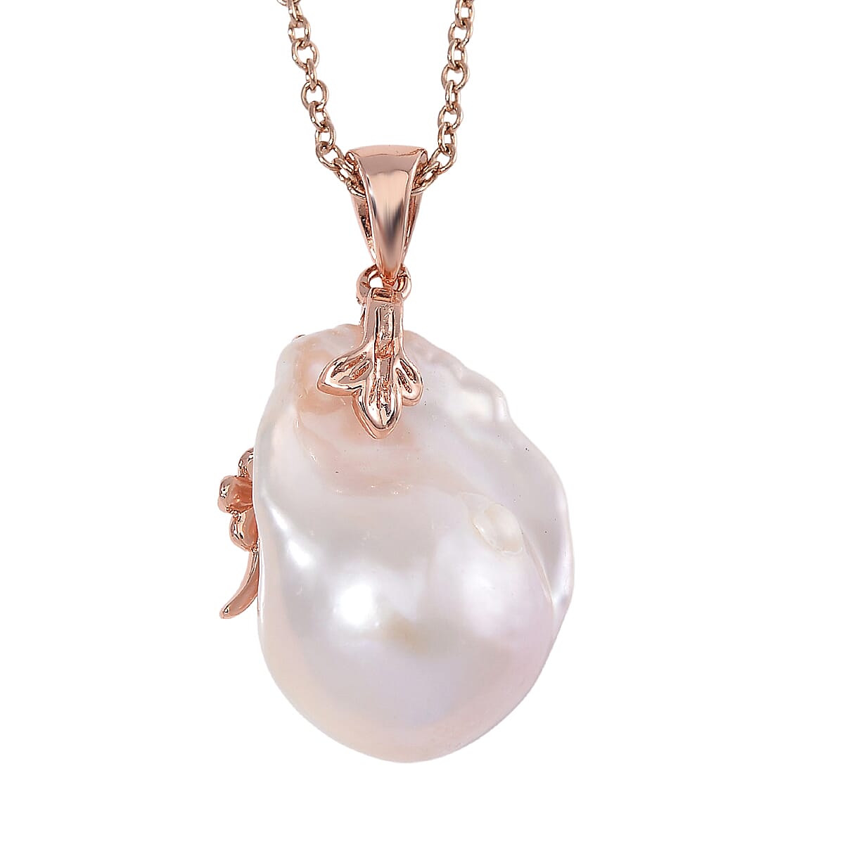 Organic Shape Baroque Freshwater Pearl and Simulated Multi Color Diamond Pendant Necklace in ION Plated RG Stainless Steel 20 Inches image number 3