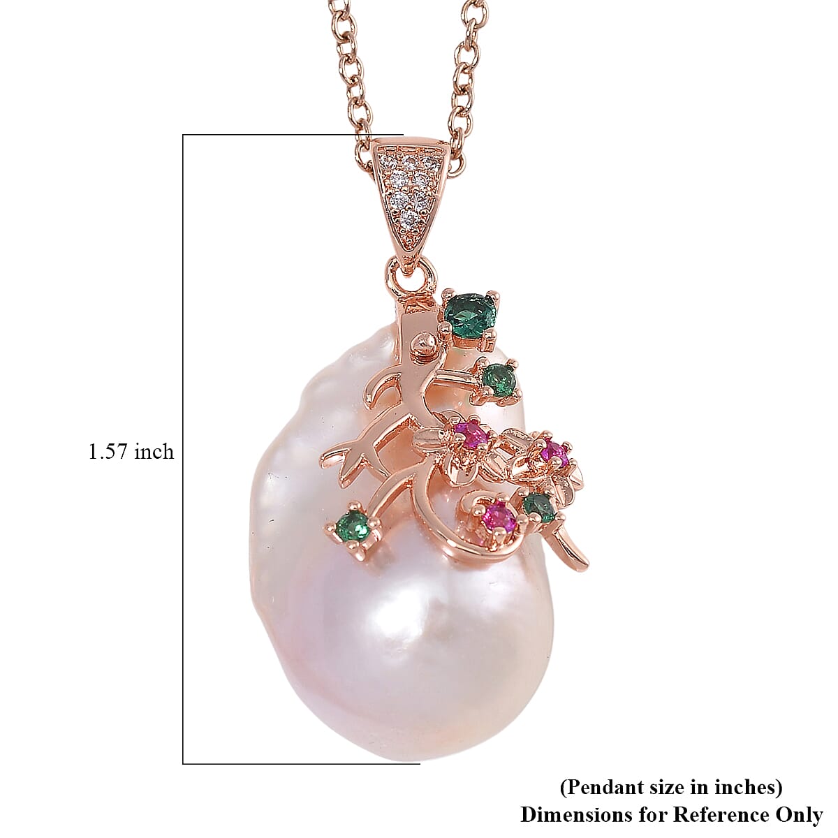 Organic Shape Baroque Freshwater Pearl and Simulated Multi Color Diamond Pendant Necklace in ION Plated RG Stainless Steel 20 Inches image number 5