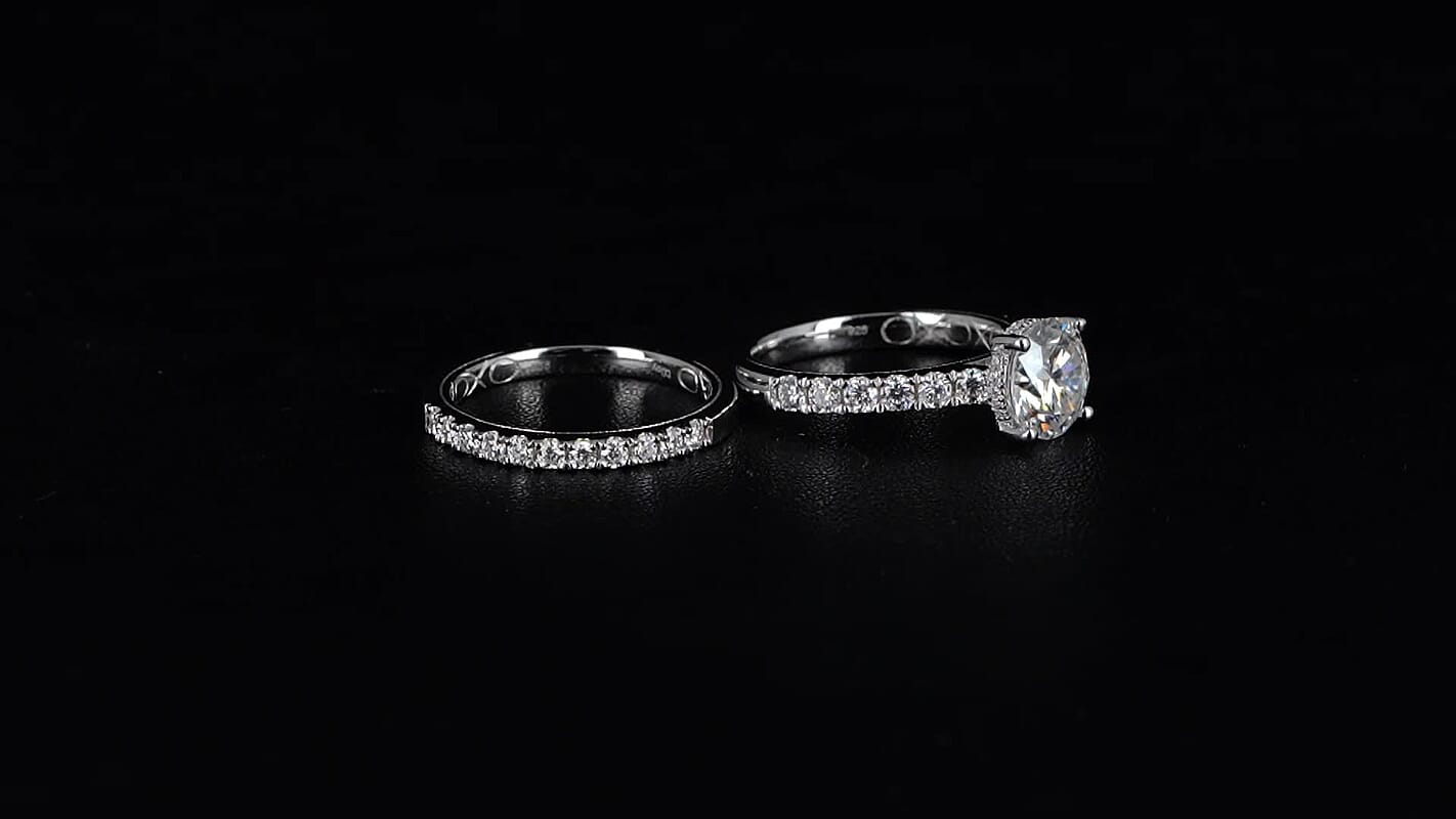 D'Joy Moissanite (Rnd 9mm) Set of 2 Ring in Rhodium Over Sterling Silver (Size 7.0) 3.90 ctw