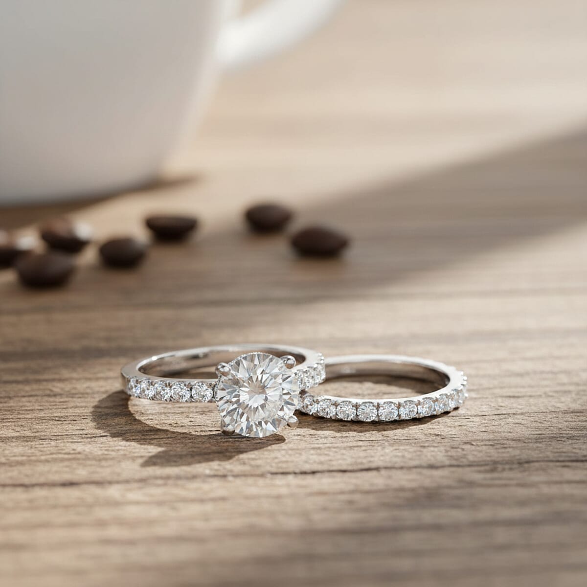 D'Joy Moissanite (Rnd 9mm) Set of 2 Ring in Rhodium Over Sterling Silver (Size 7.0) 3.90 ctw image number 1