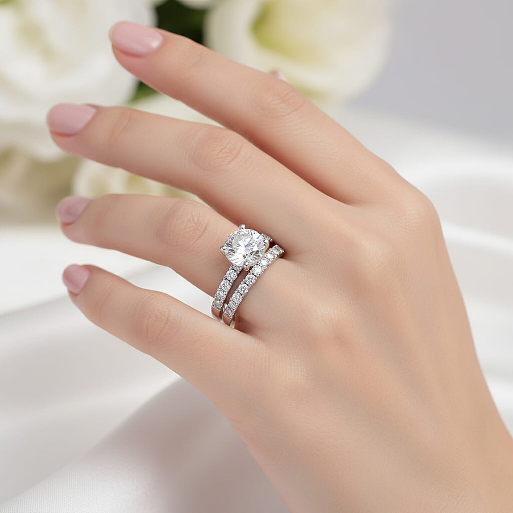 D'Joy Moissanite 3.90 ctw Set of 2 Bridal Ring in Rhodium Over Sterling Silver (Size 9.0)