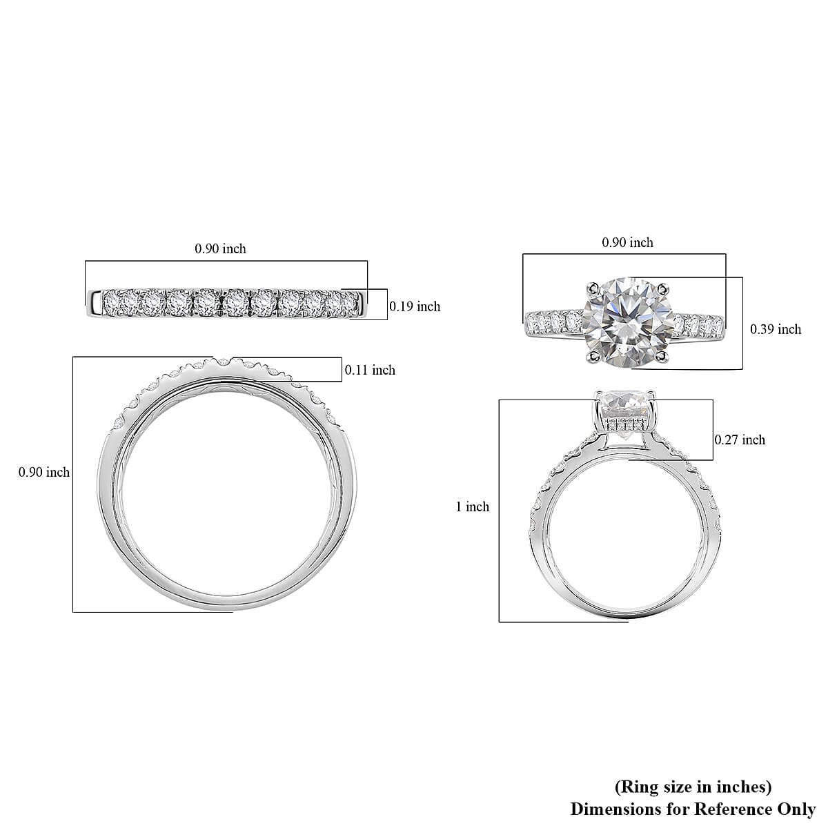 D'Joy Moissanite 3.90 ctw Set of 2 Bridal Ring in Rhodium Over Sterling Silver (Size 9.0)