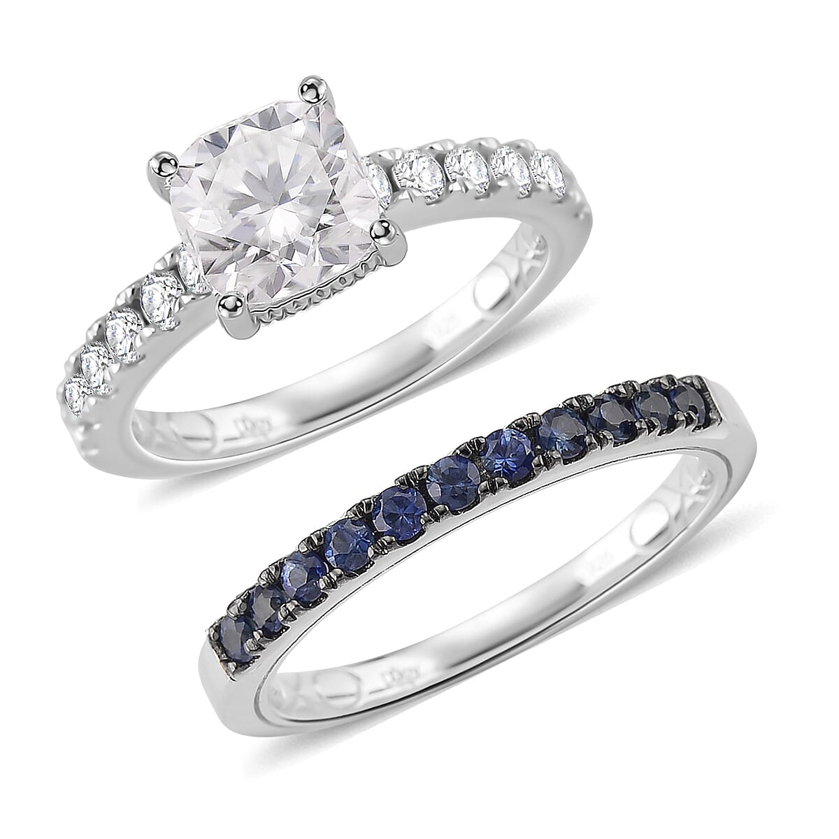 D'Joy Moissanite (Rnd 9mm) Set of 2 Ring in Rhodium Over Sterling Silver (Size 7.0) 3.90 ctw