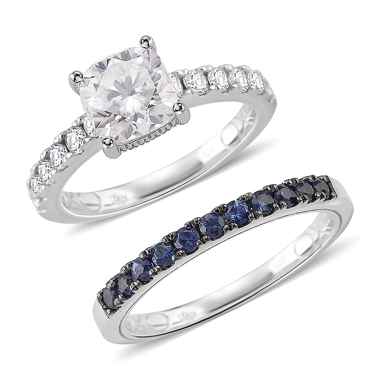 D'Joy Moissanite and Blue Sapphire 3.80 ctw Set of 2 Bridal Ring in Rhodium Over Sterling Silver (Size 7.0)