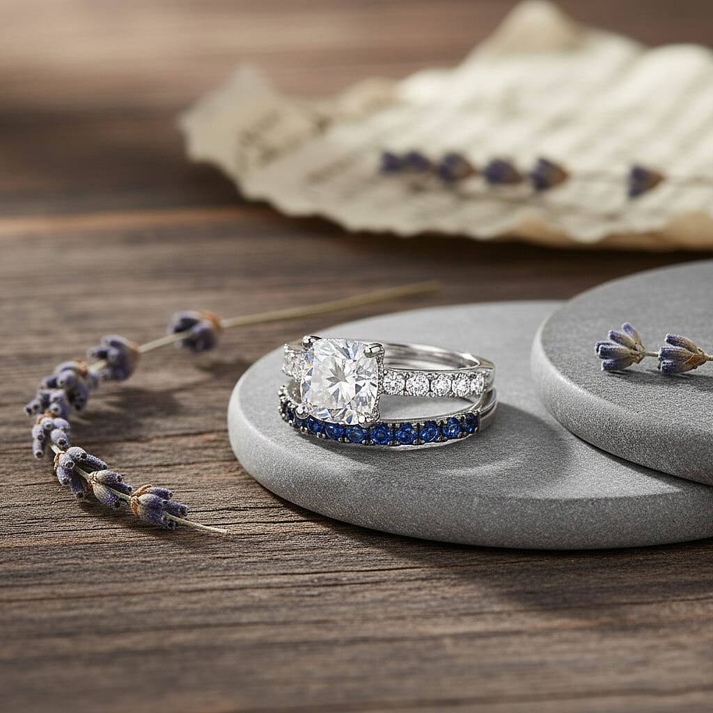 D'Joy Moissanite and Blue Sapphire 3.80 ctw Set of 2 Bridal Ring in Rhodium Over Sterling Silver (Size 7.0)