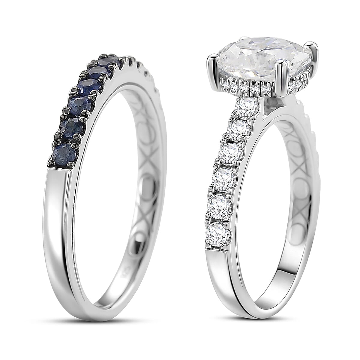 D'Joy Moissanite and Blue Sapphire 3.80 ctw Set of 2 Bridal Ring in Rhodium Over Sterling Silver (Size 7.0)