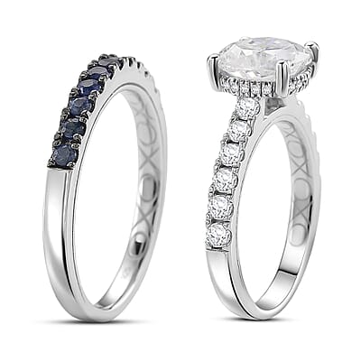 D'Joy Moissanite and Blue Sapphire 3.80 ctw Set of 2 Bridal Ring in Rhodium Over Sterling Silver (Size 7.0)