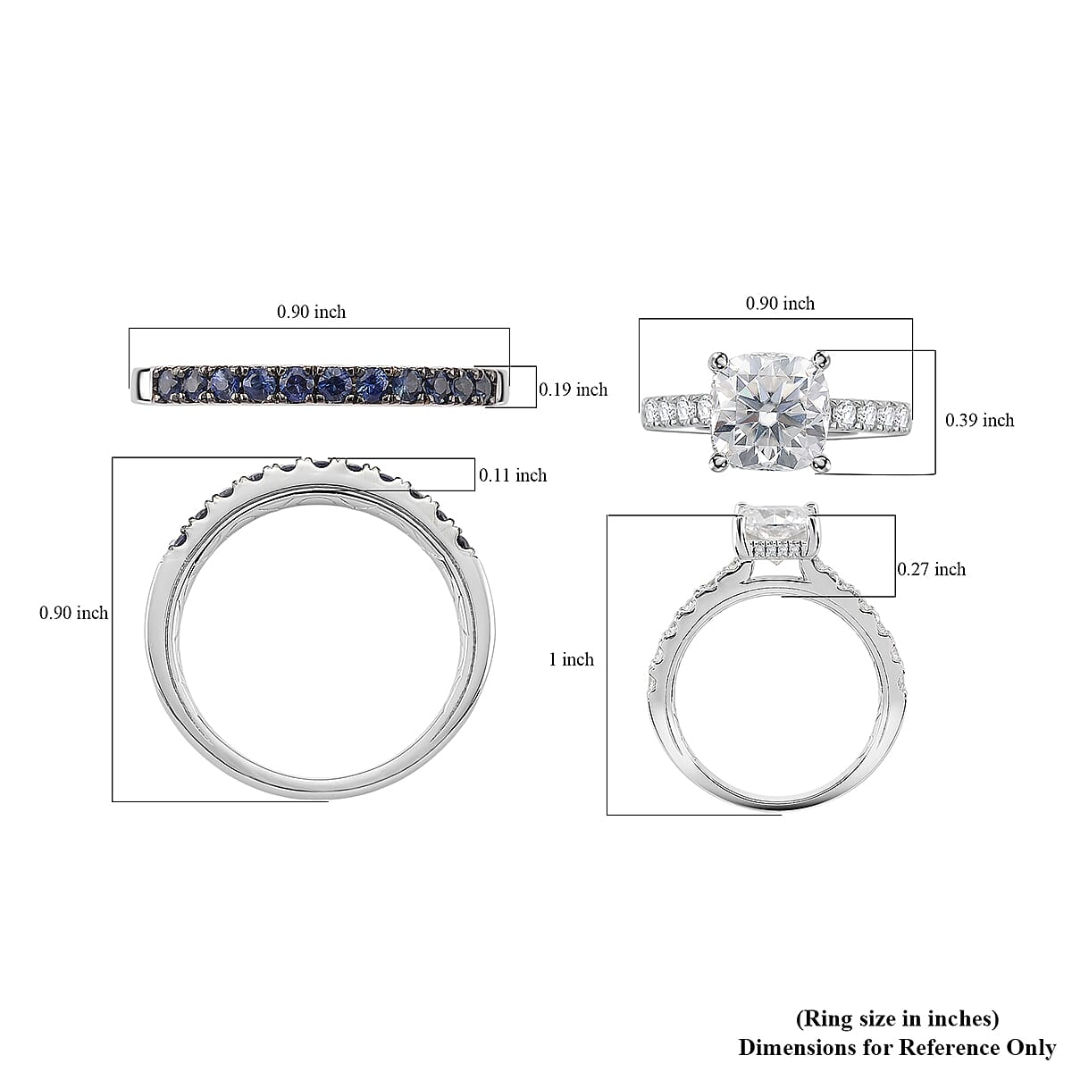 D'Joy Moissanite and Blue Sapphire 3.80 ctw Set of 2 Bridal Ring in Rhodium Over Sterling Silver (Size 7.0)