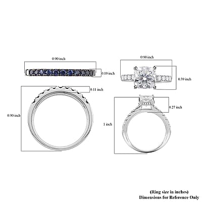 D'Joy Moissanite and Blue Sapphire 3.80 ctw Set of 2 Bridal Ring in Rhodium Over Sterling Silver (Size 7.0)