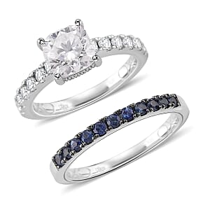 D'Joy Moissanite and Blue Sapphire 3.80 ctw Set of 2 Bridal Ring in Rhodium Over Sterling Silver (Size 8.0)