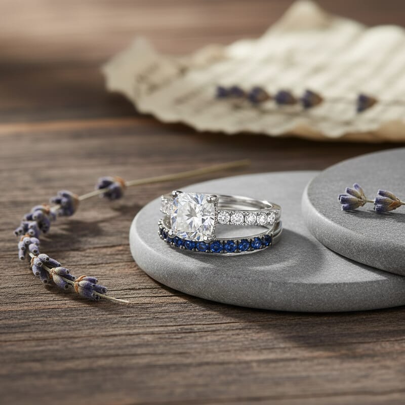 D'Joy Moissanite and Blue Sapphire 3.80 ctw Set of 2 Bridal Ring in Rhodium Over Sterling Silver (Size 8.0)