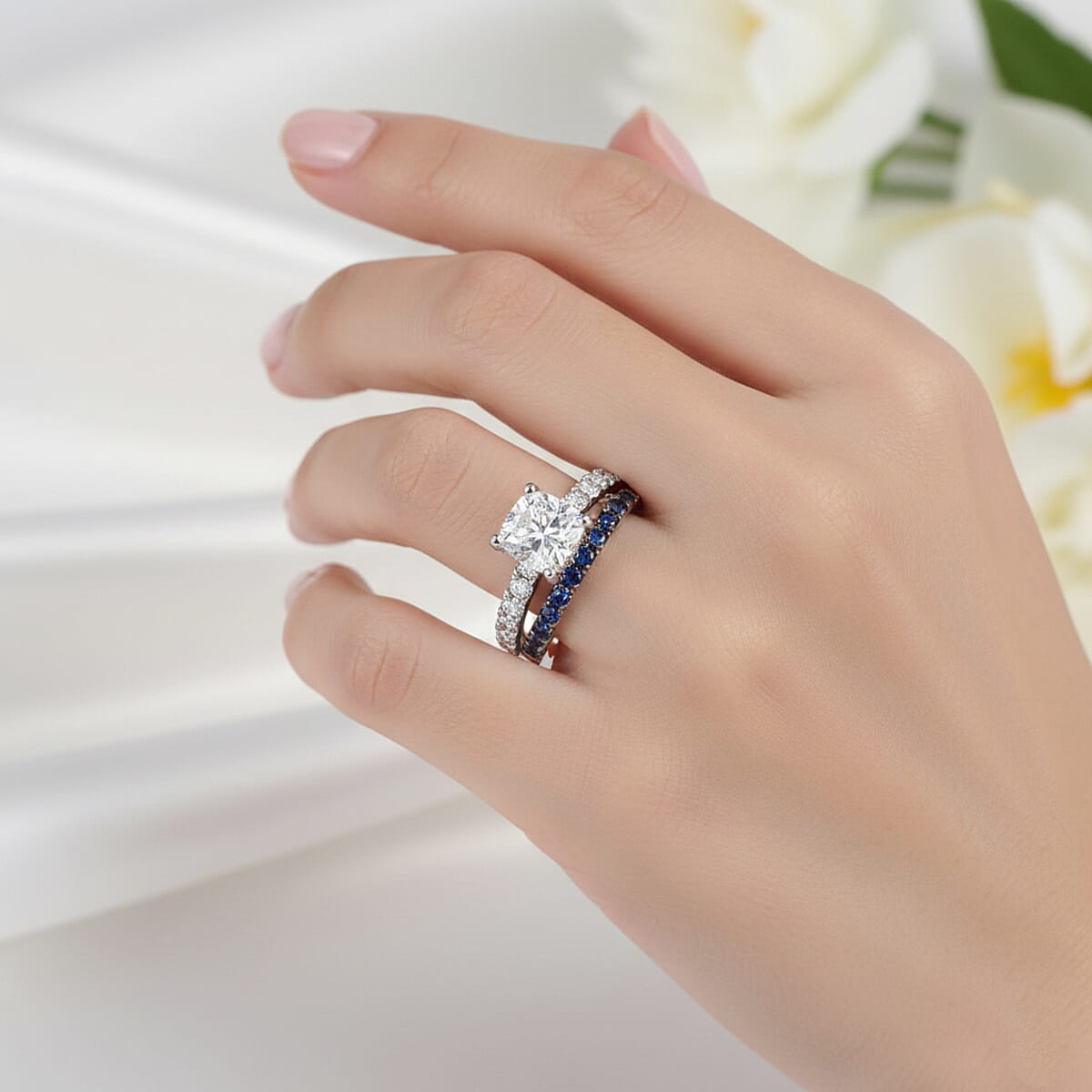 D'Joy Moissanite and Blue Sapphire 3.80 ctw Set of 2 Bridal Ring in Rhodium Over Sterling Silver (Size 8.0) image number 2