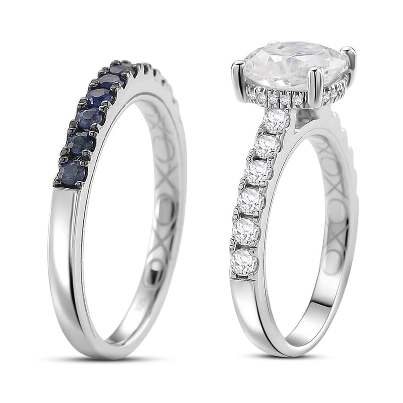 D'Joy Moissanite and Blue Sapphire 3.80 ctw Set of 2 Bridal Ring in Rhodium Over Sterling Silver (Size 8.0)