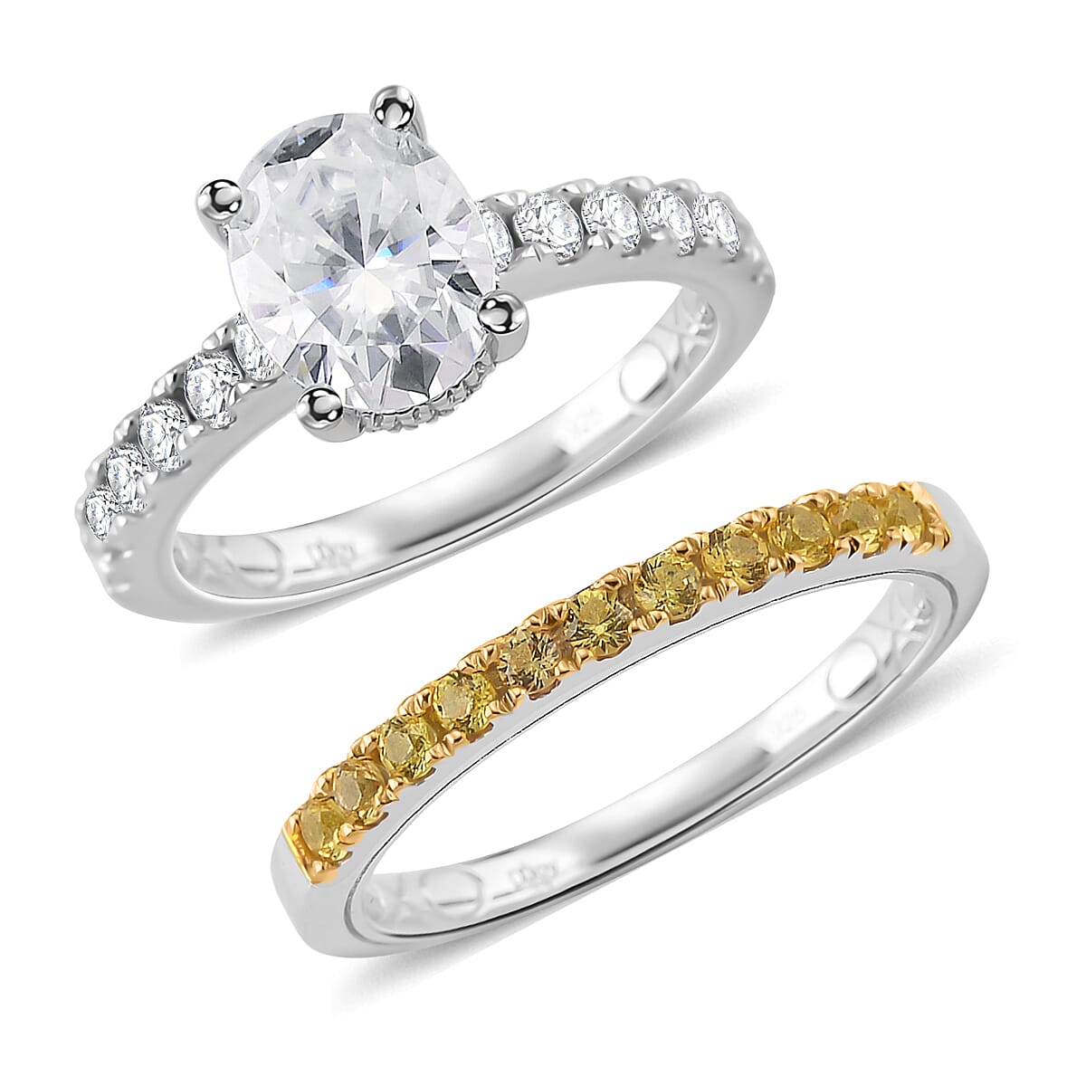 D'Joy Moissanite (Rnd 9mm) Set of 2 Ring in Rhodium Over Sterling Silver (Size 7.0) 3.90 ctw